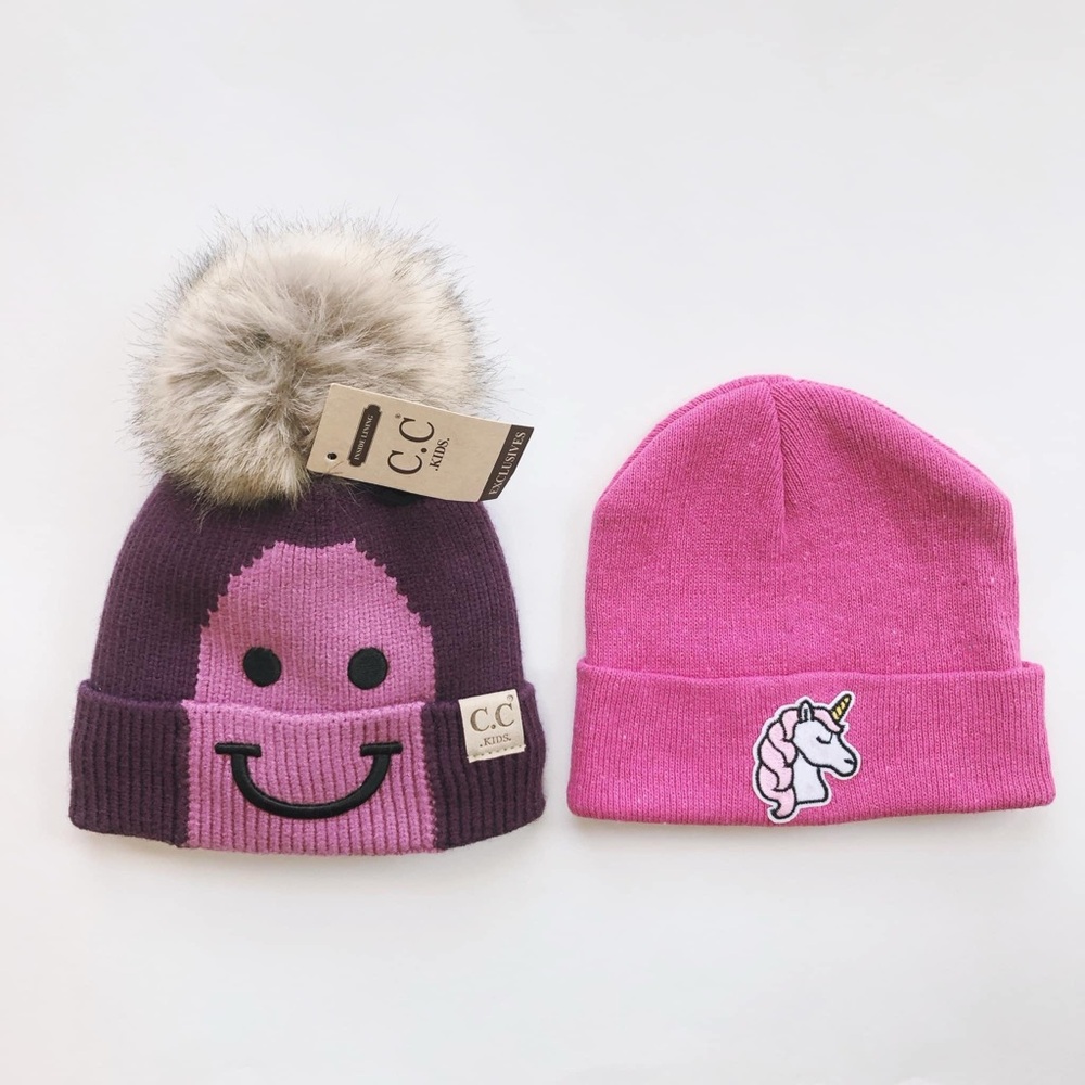 {C.C.} Smiley Face Pom-Pom Beanie
